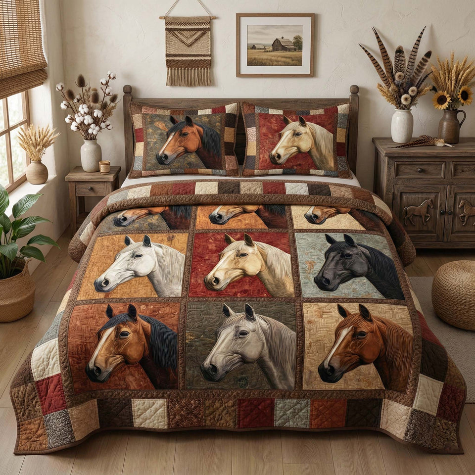 Rustic Horse Earth Tone Portrait Squares quilted bedding set, quilt and two pillow shams on a made bed