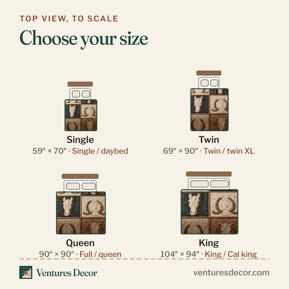 Size guide for the Rustic Horseshoes quilt, top view to scale: Single 59 x 70 in, Twin 69 x 90 in, Queen 90 x 90 in, King 104 x 94 in