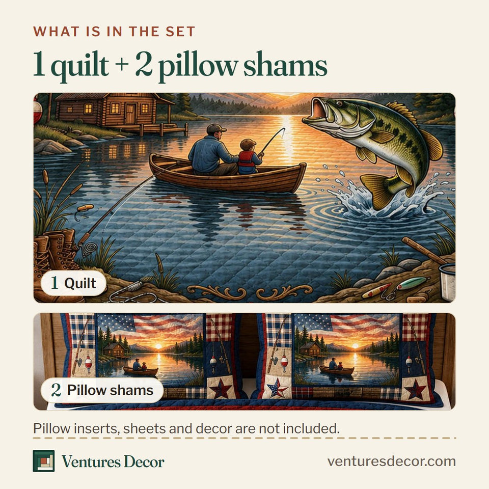 What is in the set: one quilt and two pillow shams, shown in the Rustic Lake Fishing design