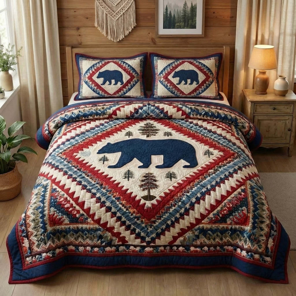 Rustic Lodge Star quilted bedding set, quilt and two pillow shams on a made bed