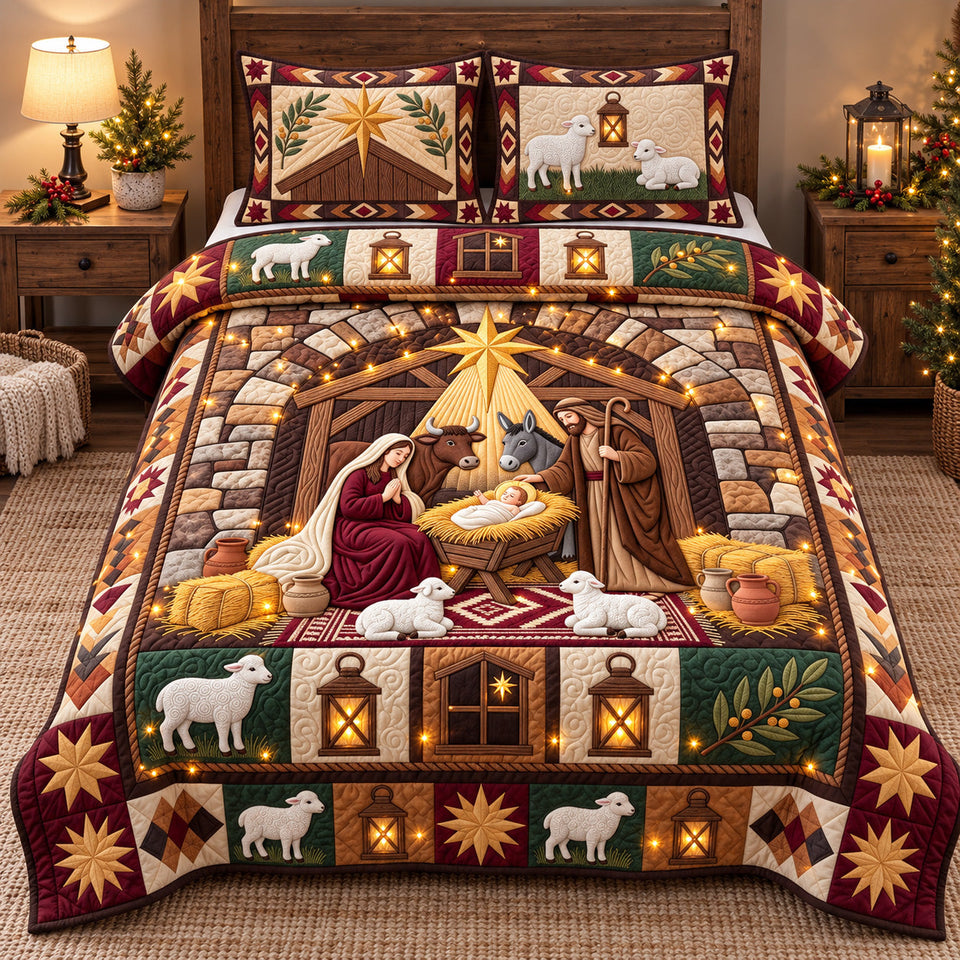 Rustic Manger Miracle quilted bedding set, quilt and two pillow shams on a made bed