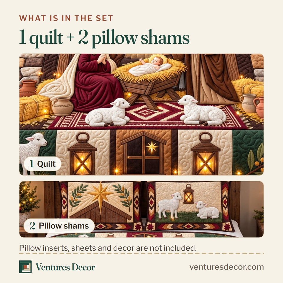 What is in the set: one quilt and two pillow shams, shown in the Rustic Manger Miracle Quilt Set, 3-Piece Quilted Bedding with 2 Pillow Shams design
