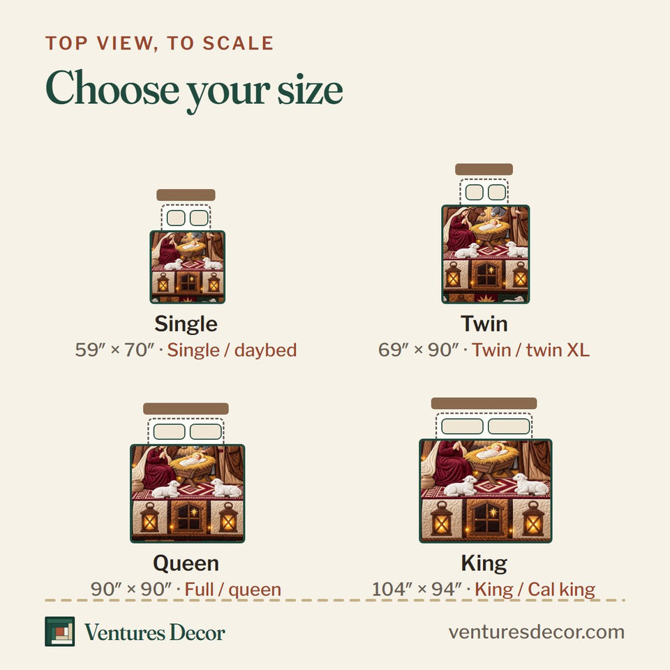 Size guide for the Rustic Manger Miracle Quilt Set, 3-Piece Quilted Bedding with 2 Pillow Shams quilt, top view to scale: Single 59 x 70 in, Twin 69 x 90 in, Queen 90 x 90 in, King 104 x 94 in