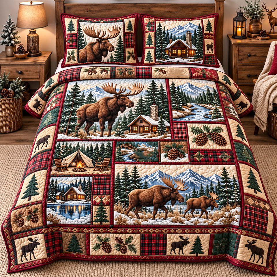 Rustic Moose Haven quilted bedding set, quilt and two pillow shams on a made bed