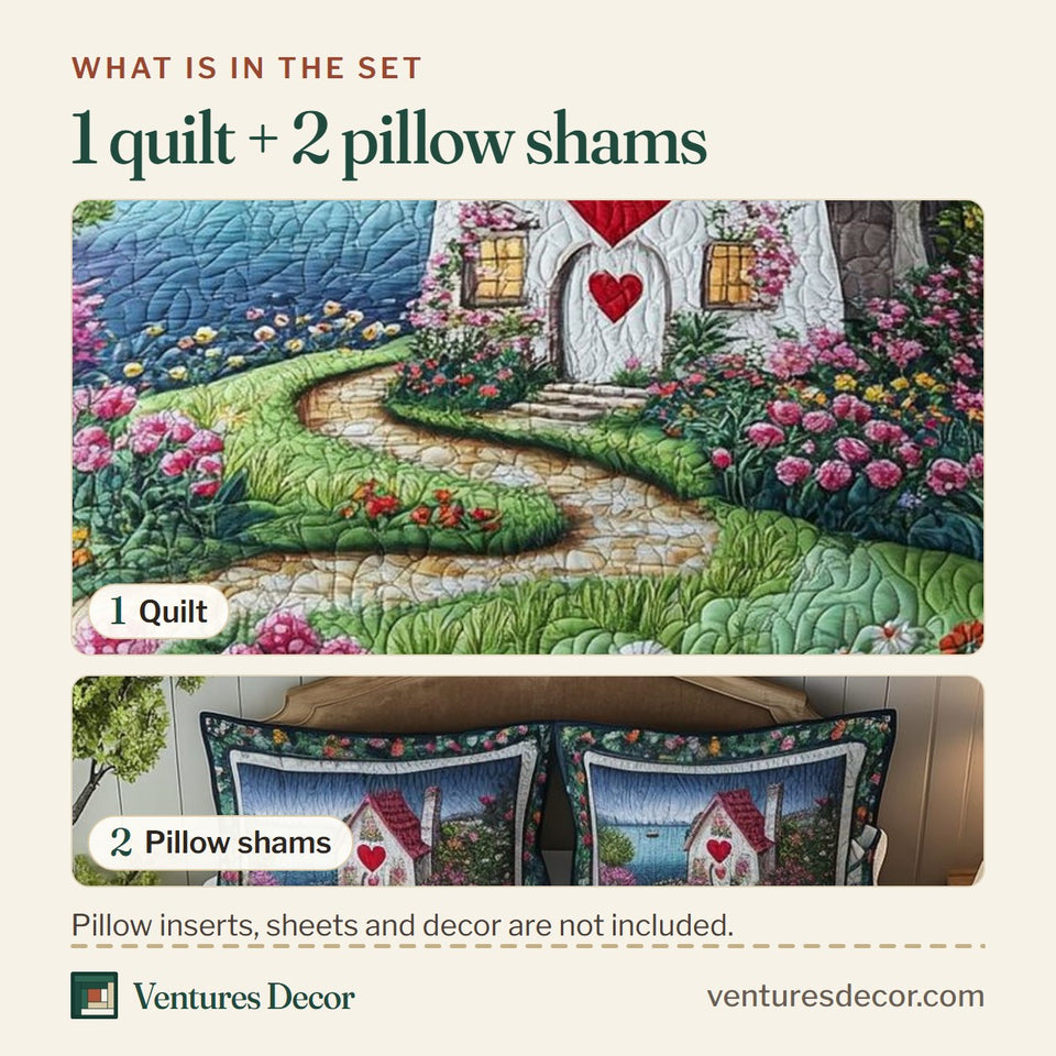 What is in the set: one quilt and two pillow shams, shown in the Rustic Morning design