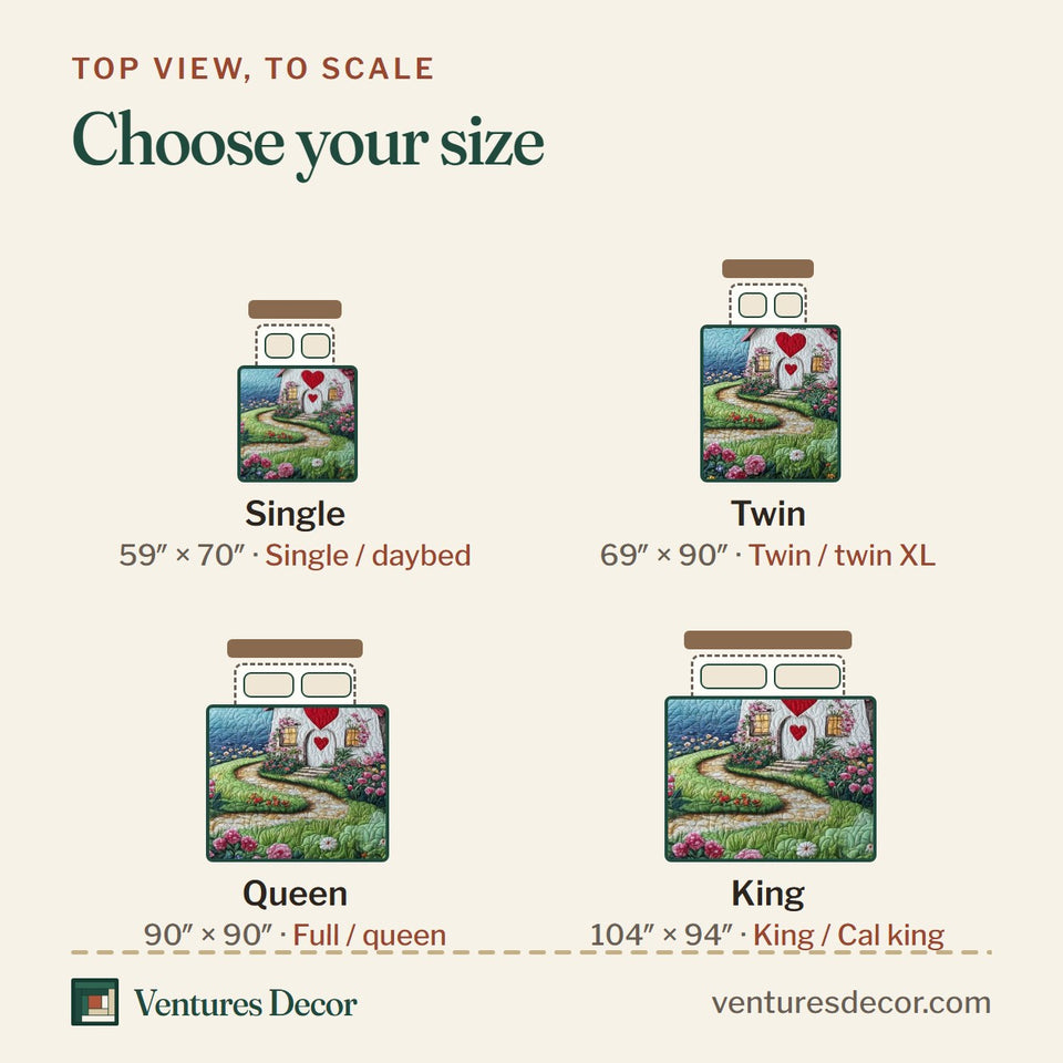 Size guide for the Rustic Morning quilt, top view to scale: Single 59 x 70 in, Twin 69 x 90 in, Queen 90 x 90 in, King 104 x 94 in