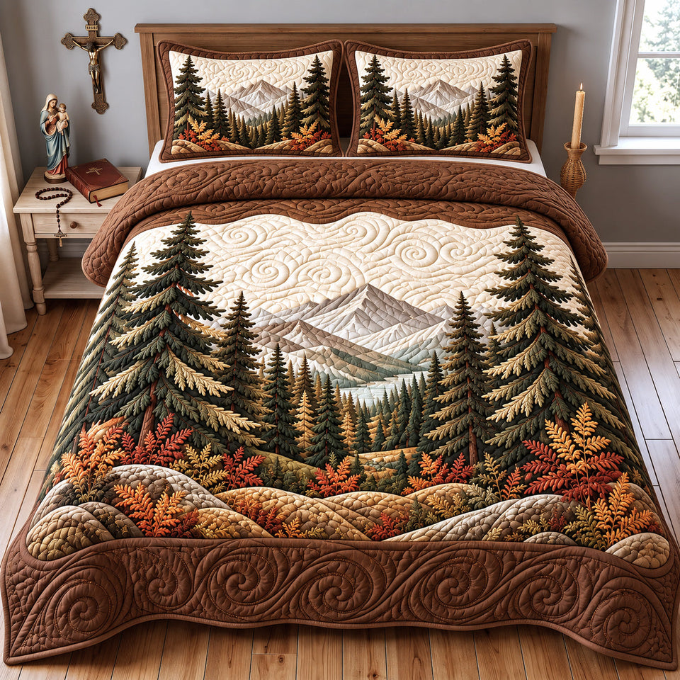 Rustic Mountain quilted bedding set, quilt and two pillow shams on a made bed