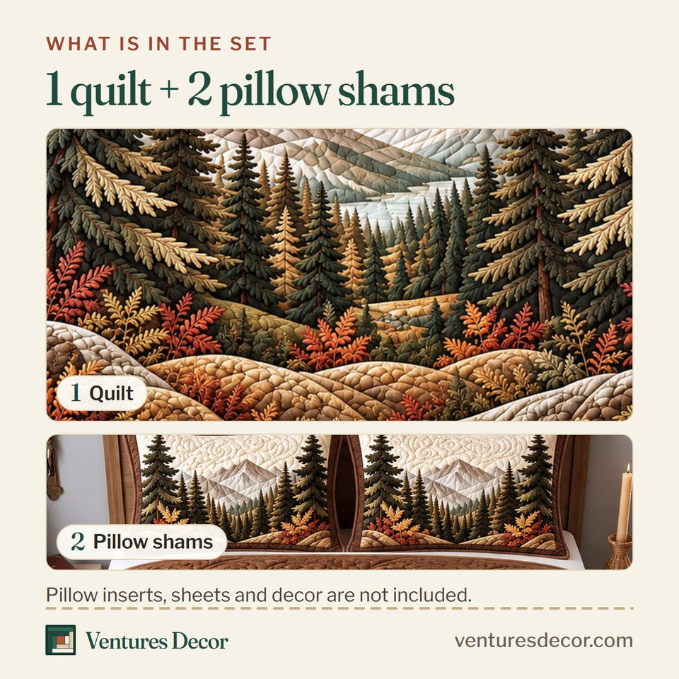 What is in the set: one quilt and two pillow shams, shown in the Rustic Mountain Quilt Set, 3-Piece Quilted Bedding with 2 Pillow Shams design
