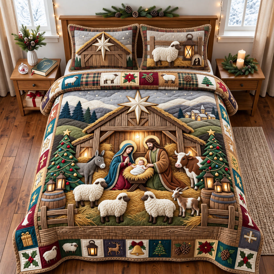 Rustic Nativity quilted bedding set, quilt and two pillow shams on a made bed