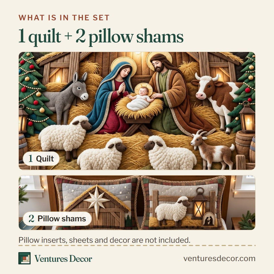 What is in the set: one quilt and two pillow shams, shown in the Rustic Nativity design