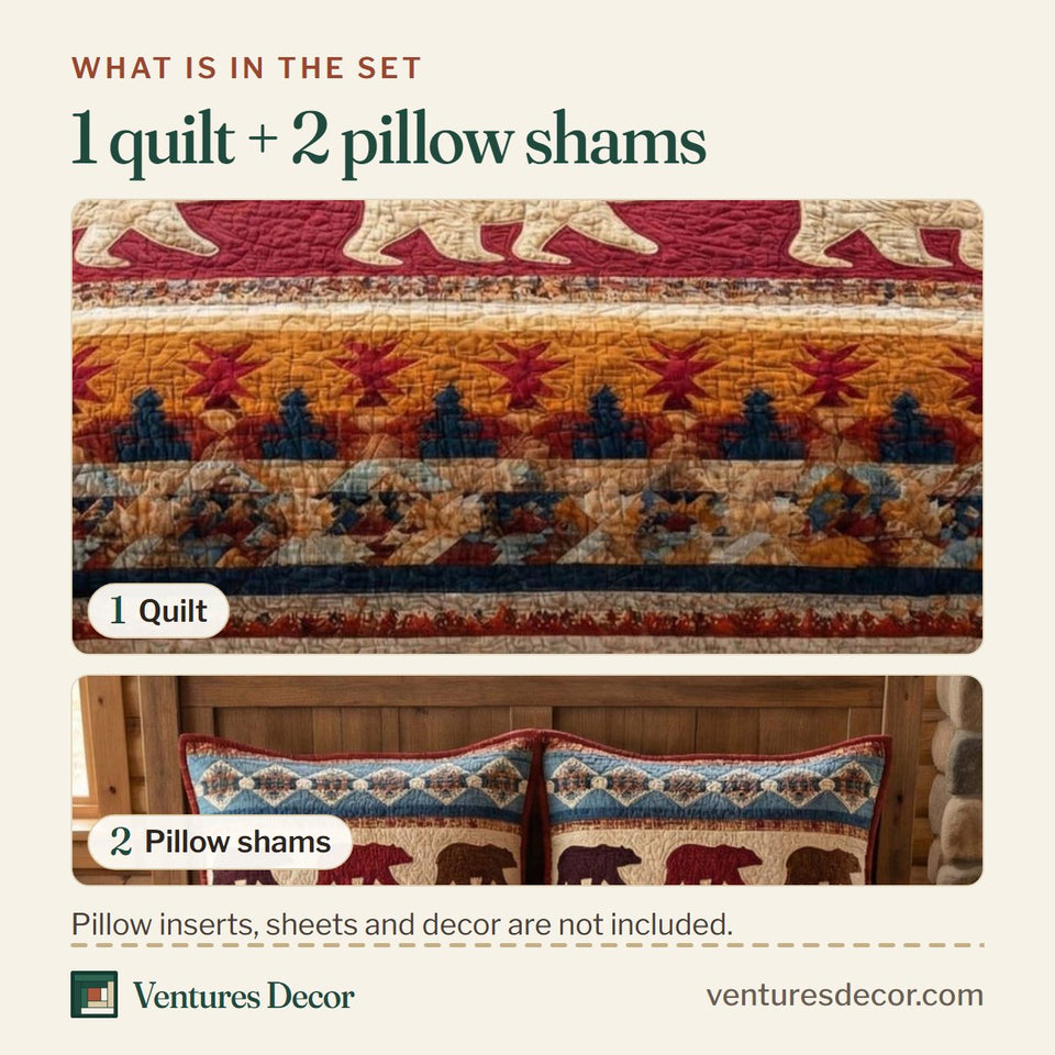 What is in the set: one quilt and two pillow shams, shown in the Rustic Patch design
