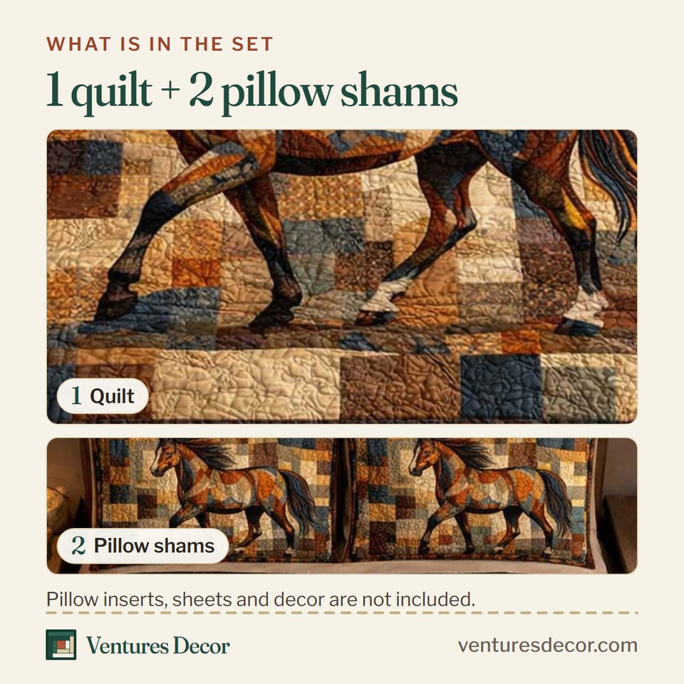 What is in the set: one quilt and two pillow shams, shown in the Rustic Patchwork Stallion design