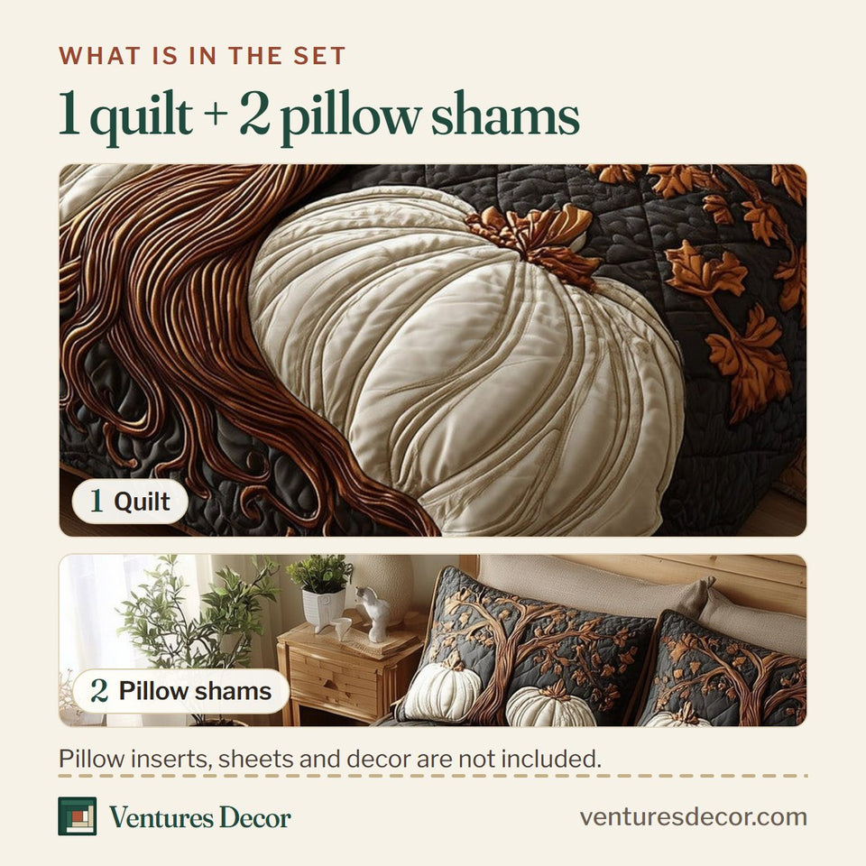 What is in the set: one quilt and two pillow shams, shown in the Rustic Pumpkin Autumn Oak design