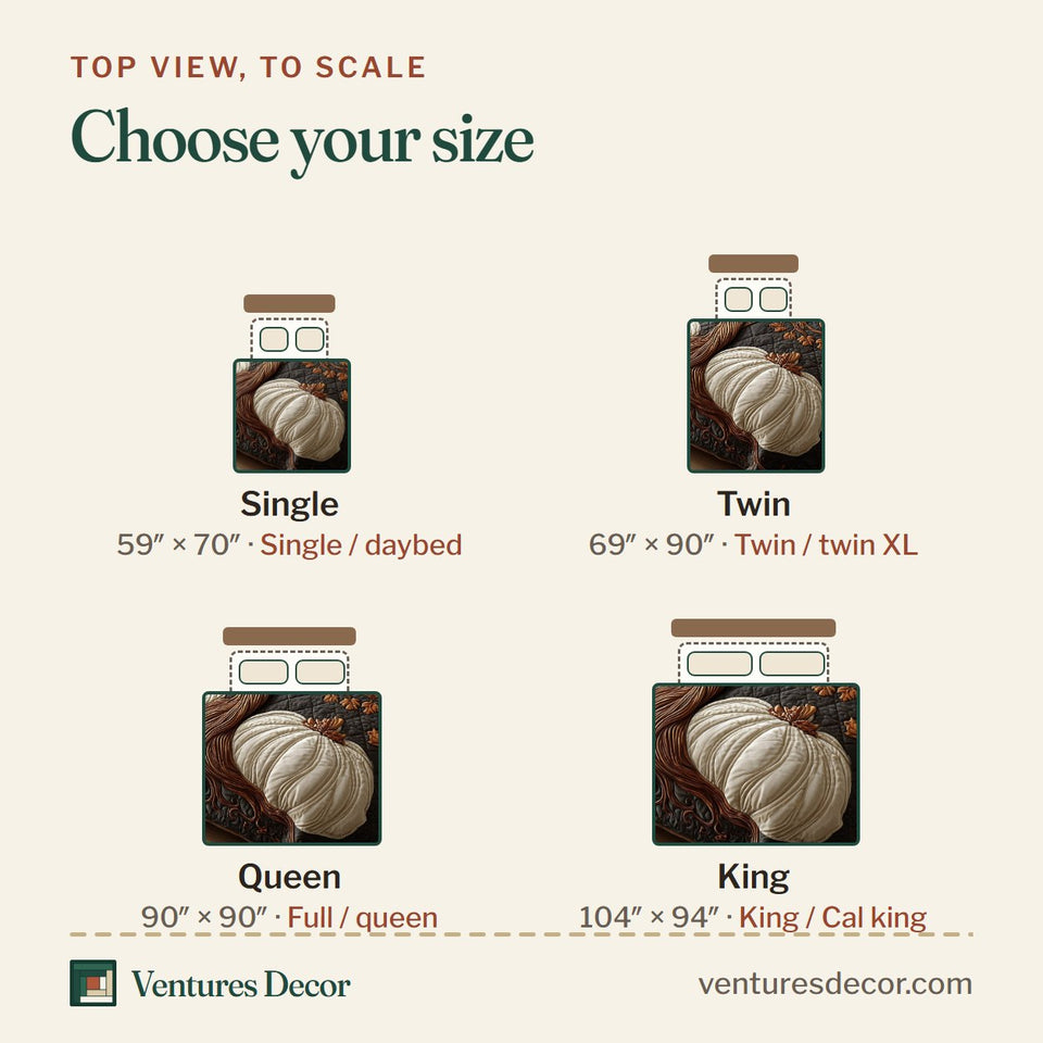 Size guide for the Rustic Pumpkin Autumn Oak quilt, top view to scale: Single 59 x 70 in, Twin 69 x 90 in, Queen 90 x 90 in, King 104 x 94 in
