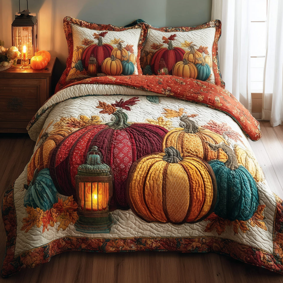Rustic Pumpkin Charm Cream Quilt Lantern Glow quilted bedding set, quilt and two pillow shams on a made bed