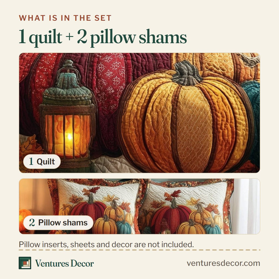 What is in the set: one quilt and two pillow shams, shown in the Rustic Pumpkin Charm Cream Quilt Lantern Glow design