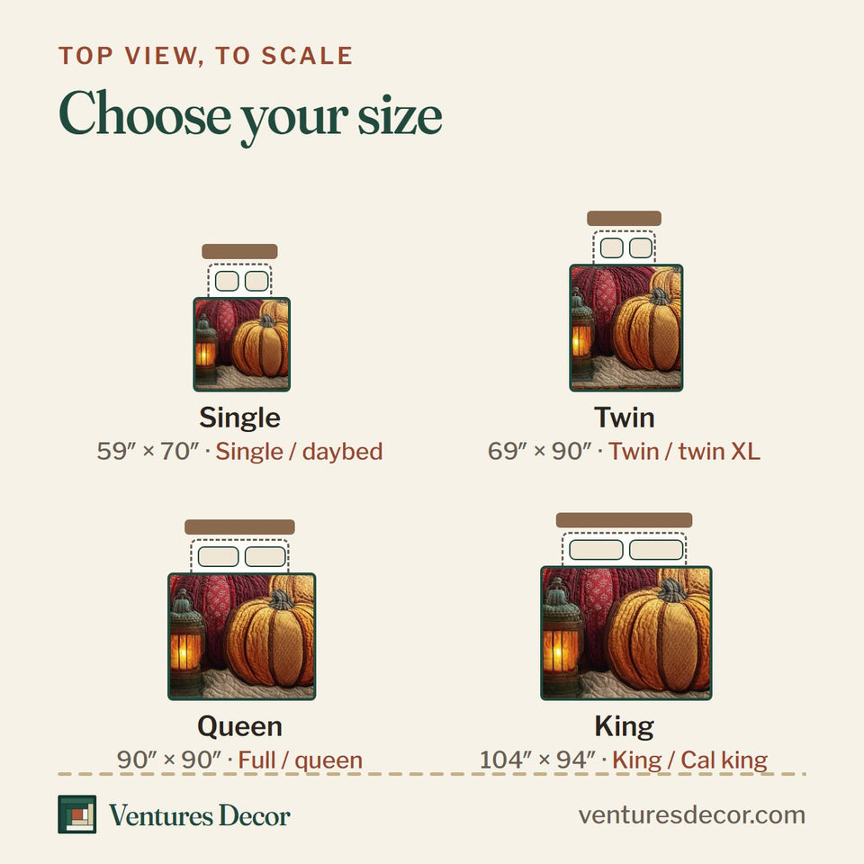 Size guide for the Rustic Pumpkin Charm Cream Quilt Lantern Glow quilt, top view to scale: Single 59 x 70 in, Twin 69 x 90 in, Queen 90 x 90 in, King 104 x 94 in