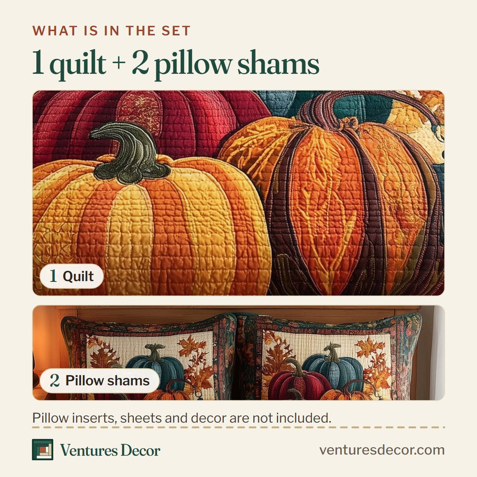 What is in the set: one quilt and two pillow shams, shown in the Rustic Pumpkin Charm Lantern and Red Border design