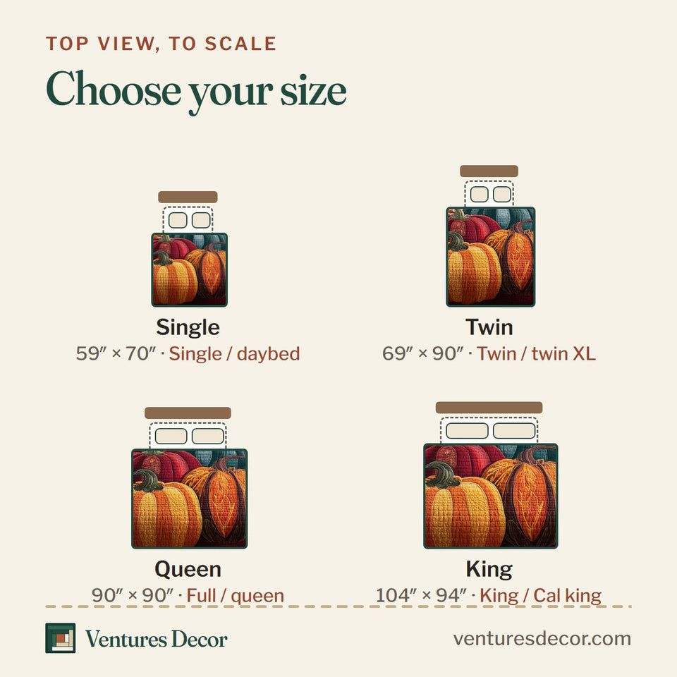 Size guide for the Rustic Pumpkin Charm Lantern and Red Border quilt, top view to scale: Single 59 x 70 in, Twin 69 x 90 in, Queen 90 x 90 in, King 104 x 94 in