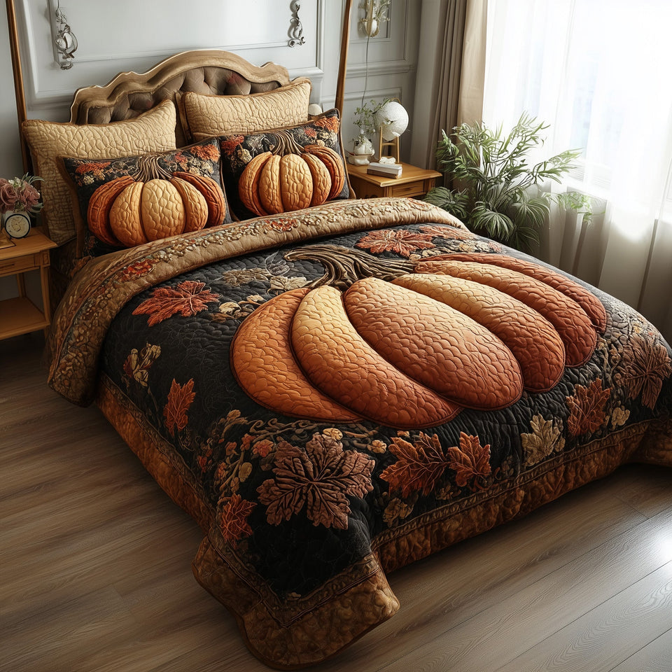 Rustic Pumpkin Charm Pair with Crimson Leaves quilted bedding set, quilt and two pillow shams on a made bed