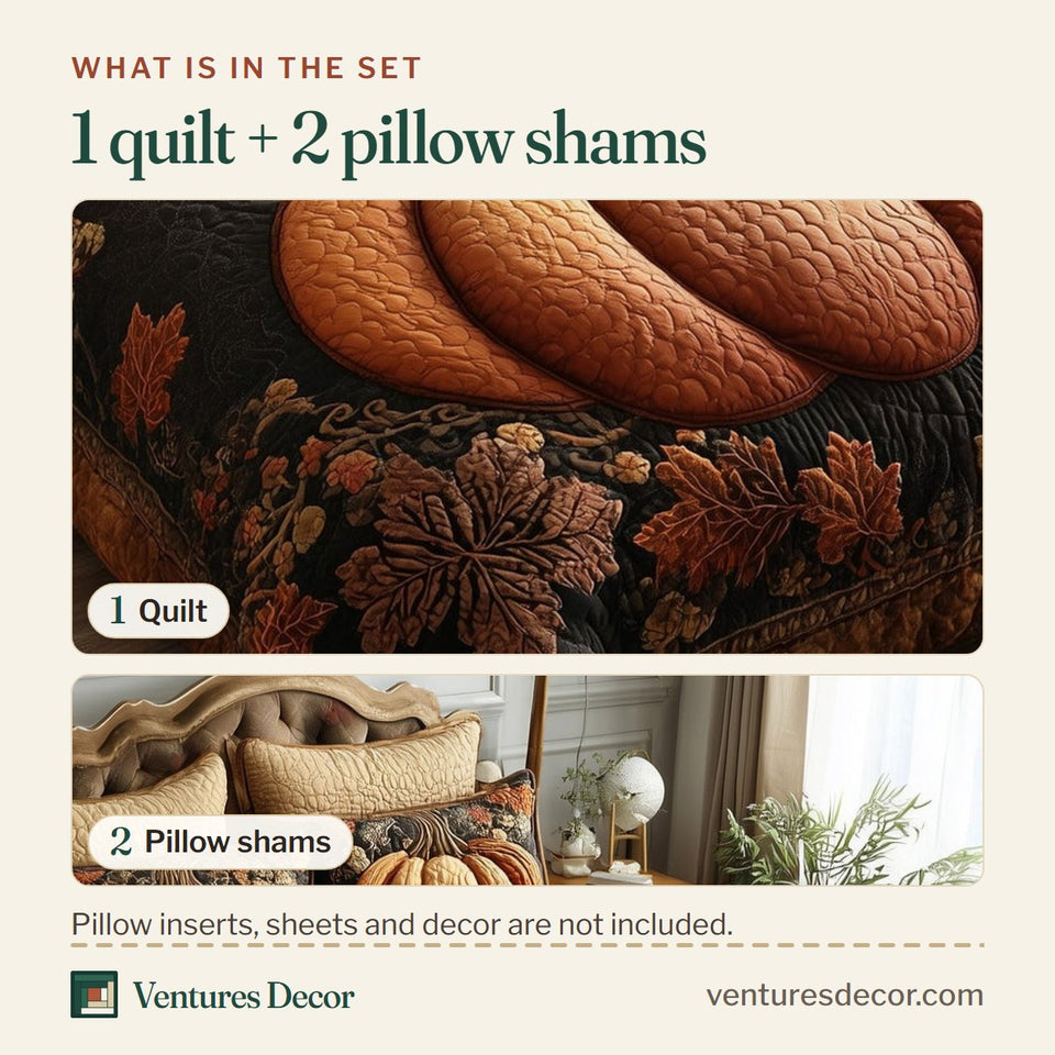 What is in the set: one quilt and two pillow shams, shown in the Rustic Pumpkin Charm Pair with Crimson Leaves design