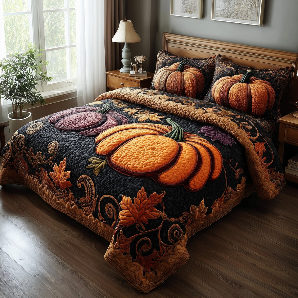 Rustic Pumpkin Charm Plum Vine Scrollwork quilted bedding set, quilt and two pillow shams on a made bed