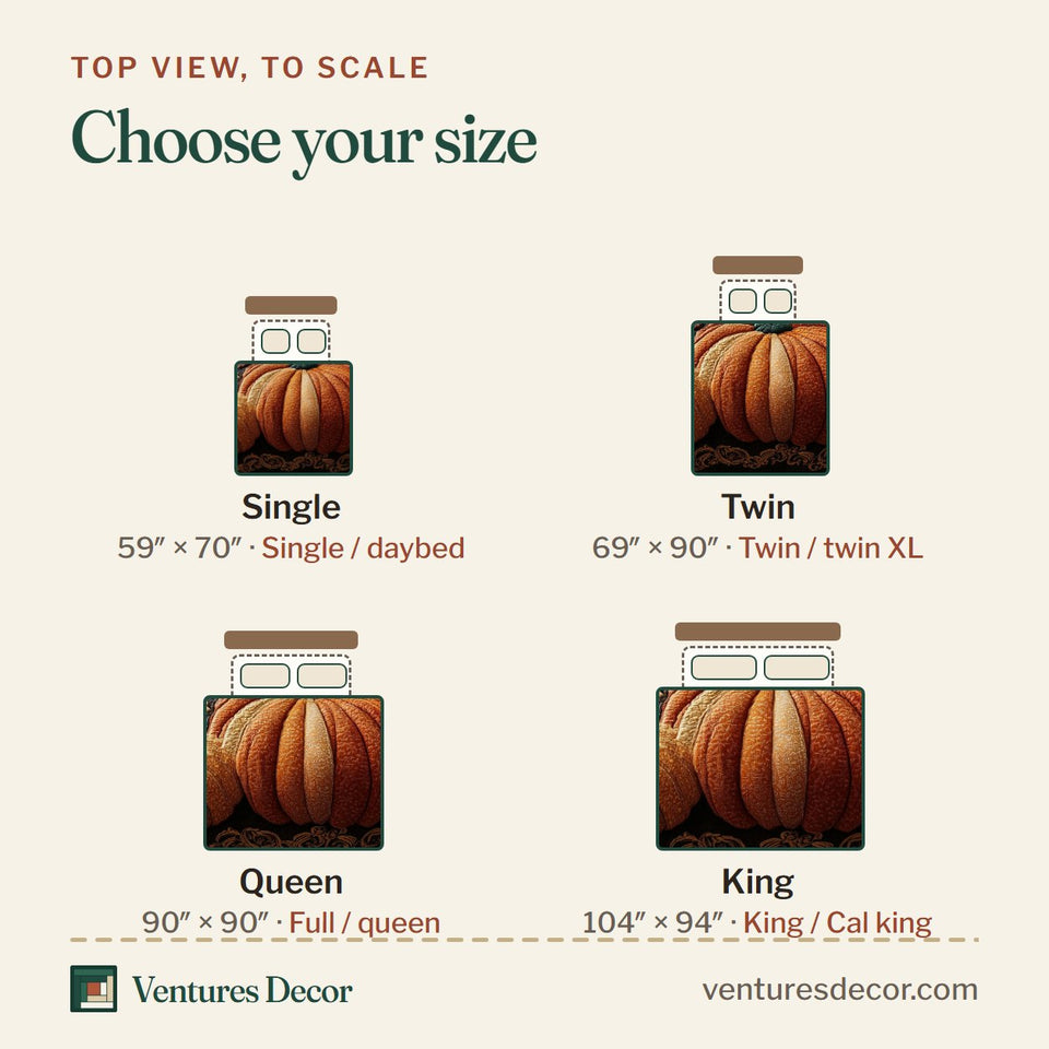 Size guide for the Rustic Pumpkin Charm Teal Leaves on Charcoal quilt, top view to scale: Single 59 x 70 in, Twin 69 x 90 in, Queen 90 x 90 in, King 104 x 94 in