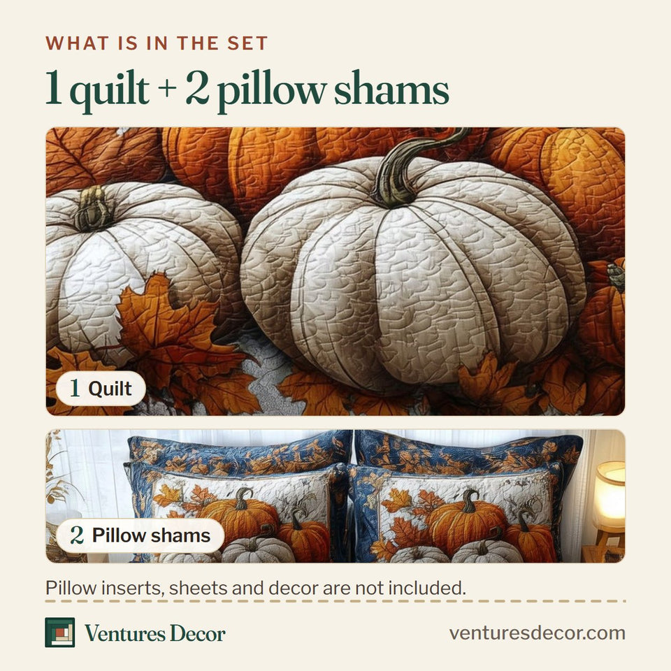 What is in the set: one quilt and two pillow shams, shown in the Rustic Pumpkin Charm White Gourds Blue Border design