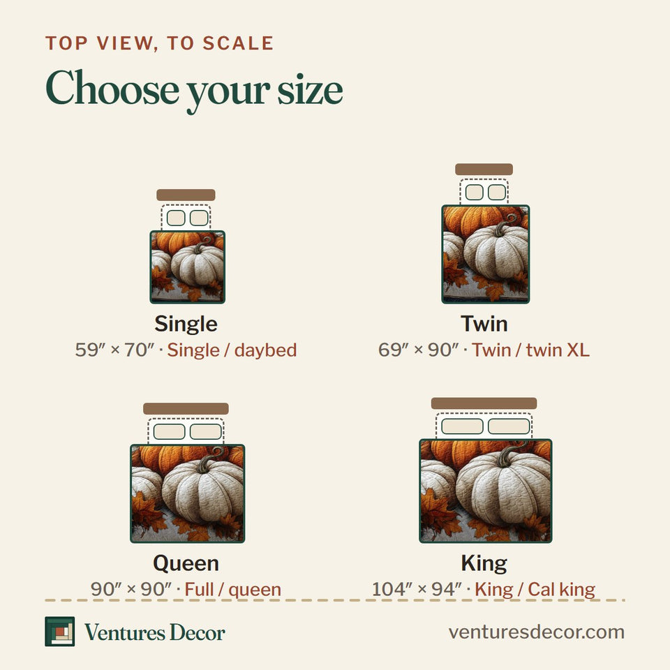Size guide for the Rustic Pumpkin Charm White Gourds Blue Border quilt, top view to scale: Single 59 x 70 in, Twin 69 x 90 in, Queen 90 x 90 in, King 104 x 94 in