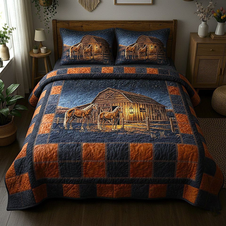 Rustic Ranch Barn and Horses Plaid quilted bedding set, quilt and two pillow shams on a made bed