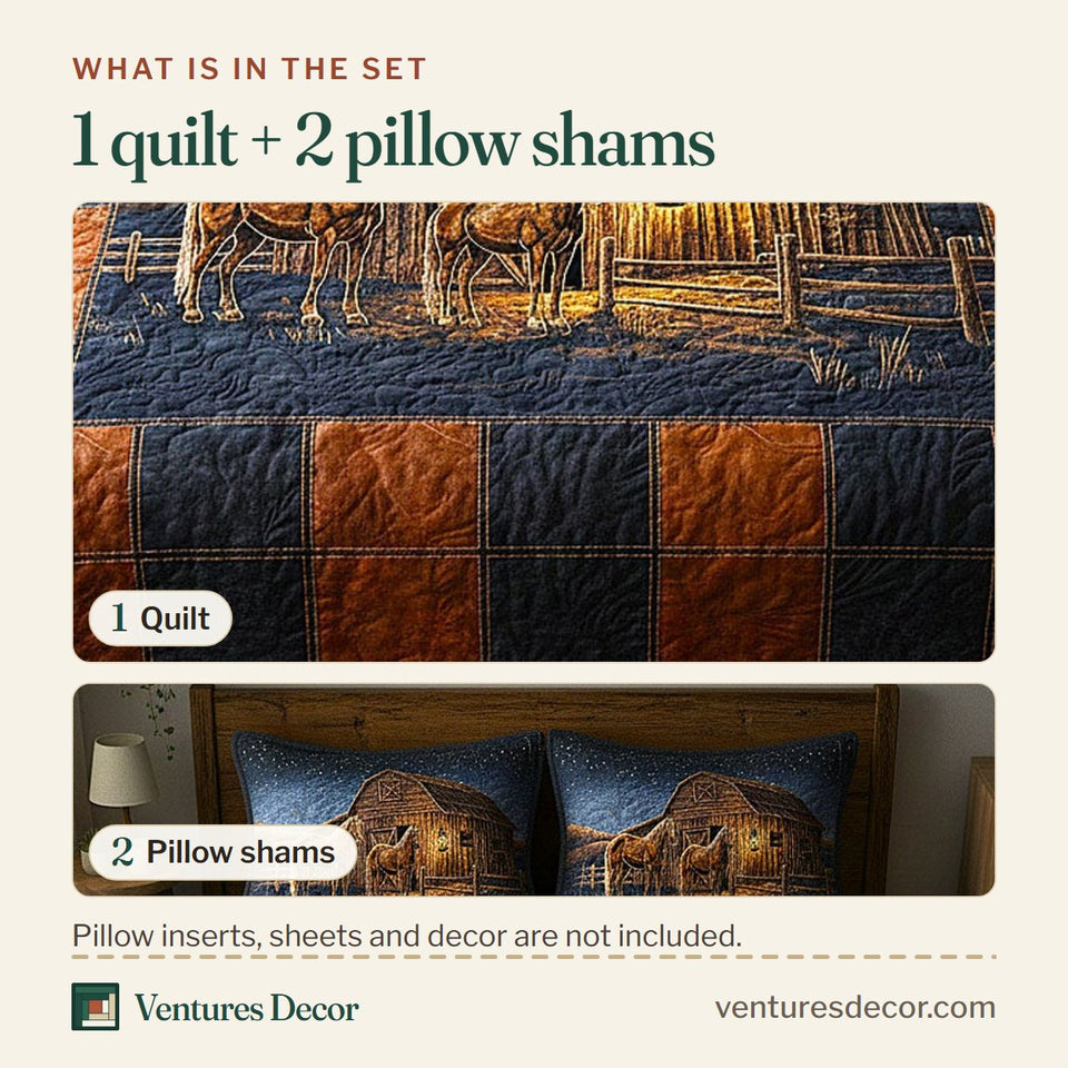 What is in the set: one quilt and two pillow shams, shown in the Rustic Ranch Barn and Horses Plaid design
