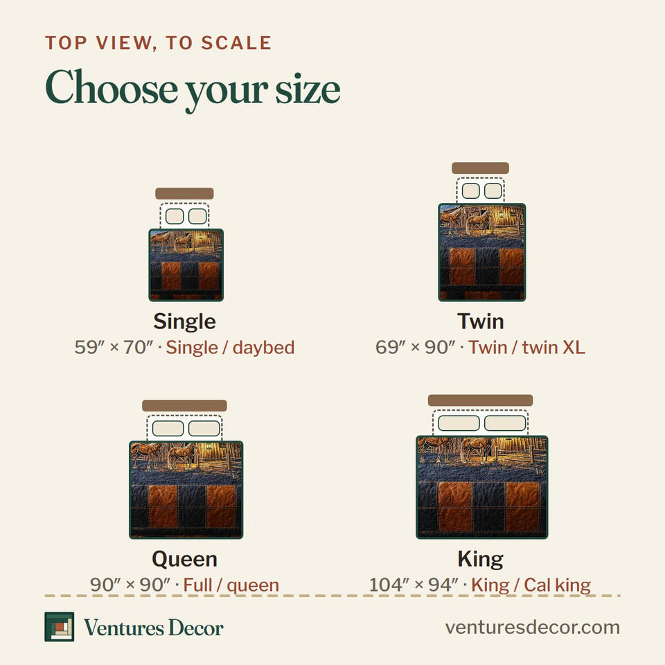 Size guide for the Rustic Ranch Barn and Horses Plaid quilt, top view to scale: Single 59 x 70 in, Twin 69 x 90 in, Queen 90 x 90 in, King 104 x 94 in