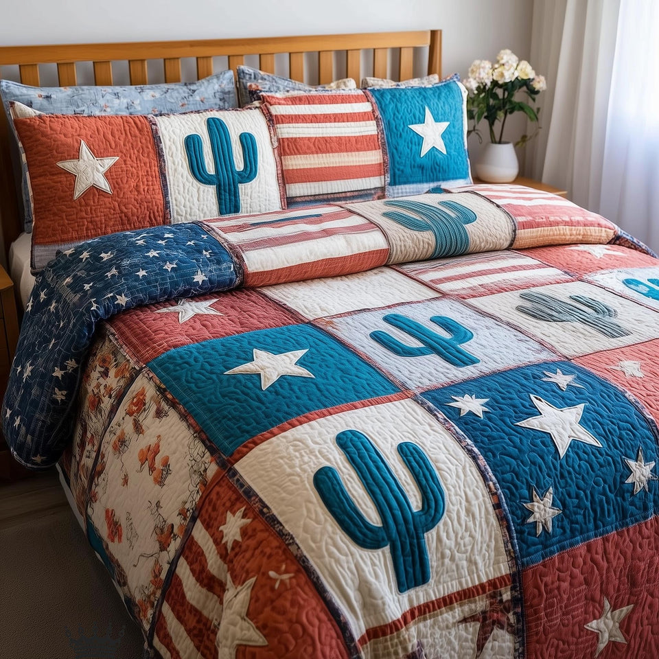 Rustic Ranch Cactus and Stars Patchwork quilted bedding set, quilt and two pillow shams on a made bed