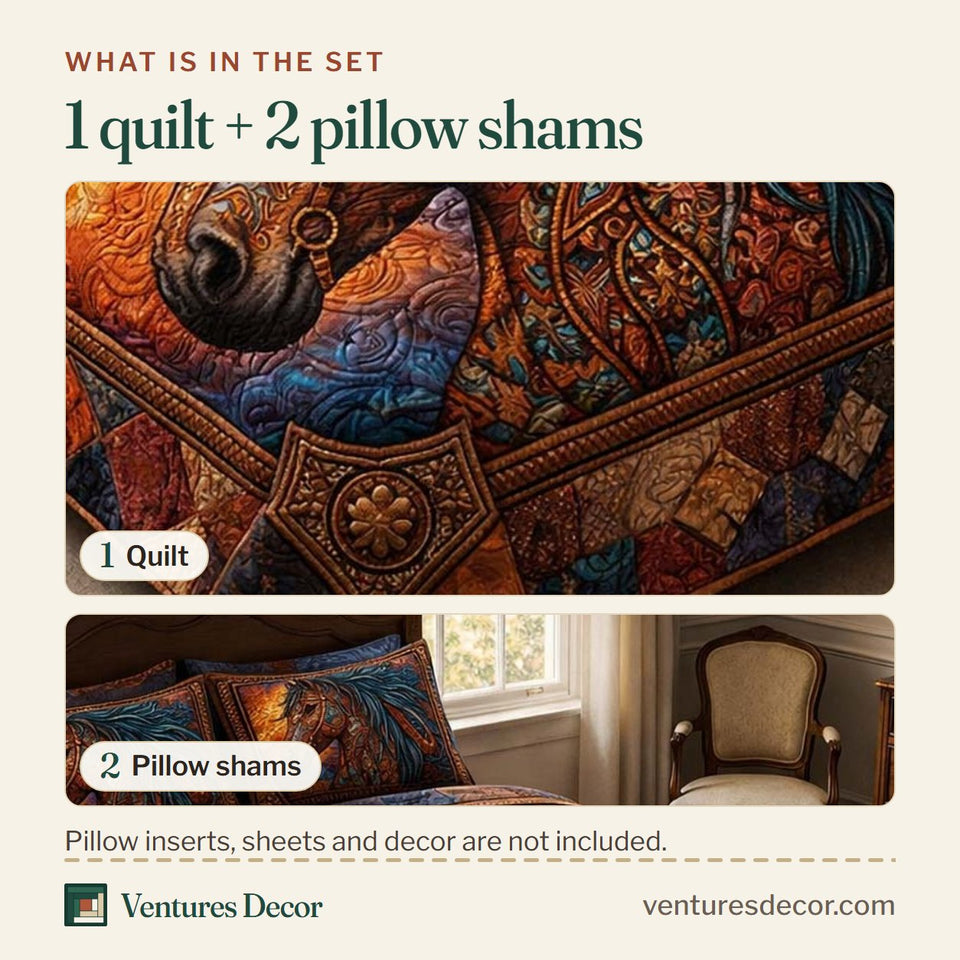 What is in the set: one quilt and two pillow shams, shown in the Rustic Ranch Fiery Horse Portrait design
