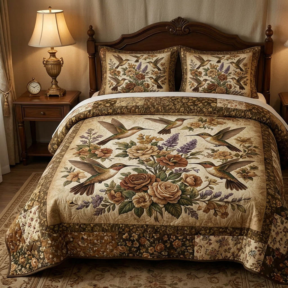 Rustic Sanctuary quilted bedding set, quilt and two pillow shams on a made bed