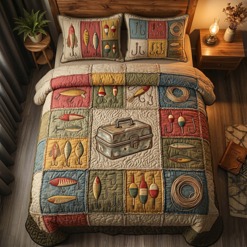 Rustic Tackle quilted bedding set, quilt and two pillow shams on a made bed