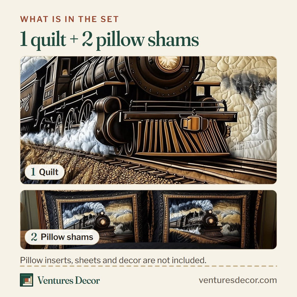 What is in the set: one quilt and two pillow shams, shown in the Rustic train Angled Steam Locomotive design