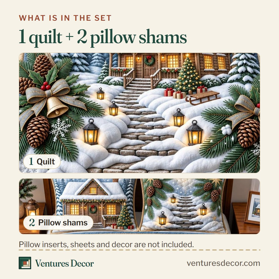 What is in the set: one quilt and two pillow shams, shown in the Rustic Winter Cabin Christmas design