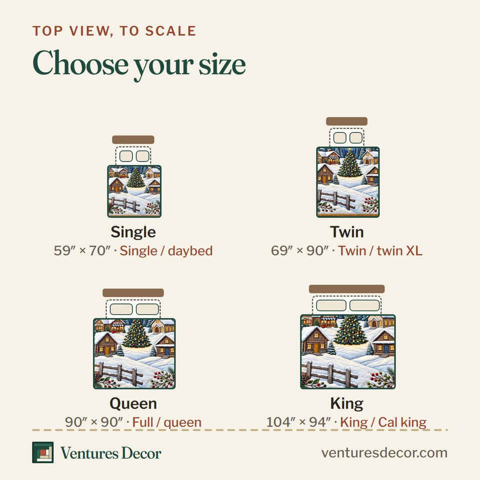 Size guide for the Rustic Winter Cabin quilt, top view to scale: Single 59 x 70 in, Twin 69 x 90 in, Queen 90 x 90 in, King 104 x 94 in