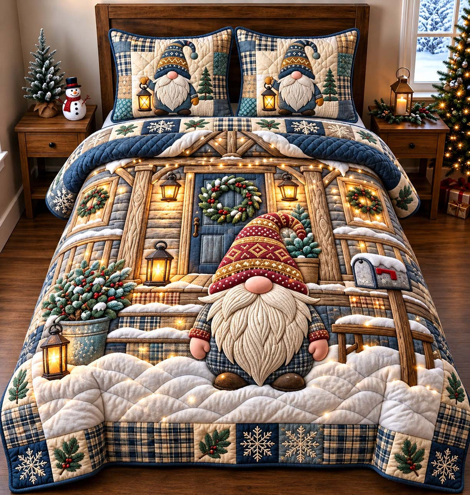Rustic Winter Gnome quilted bedding set, quilt and two pillow shams on a made bed