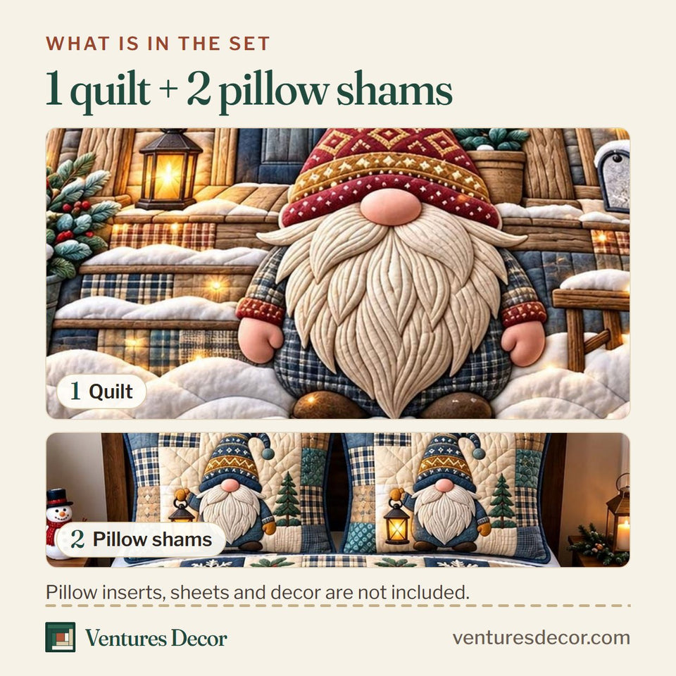 What is in the set: one quilt and two pillow shams, shown in the Rustic Winter Gnome Quilt Set, 3-Piece Quilted Bedding with 2 Pillow Shams design