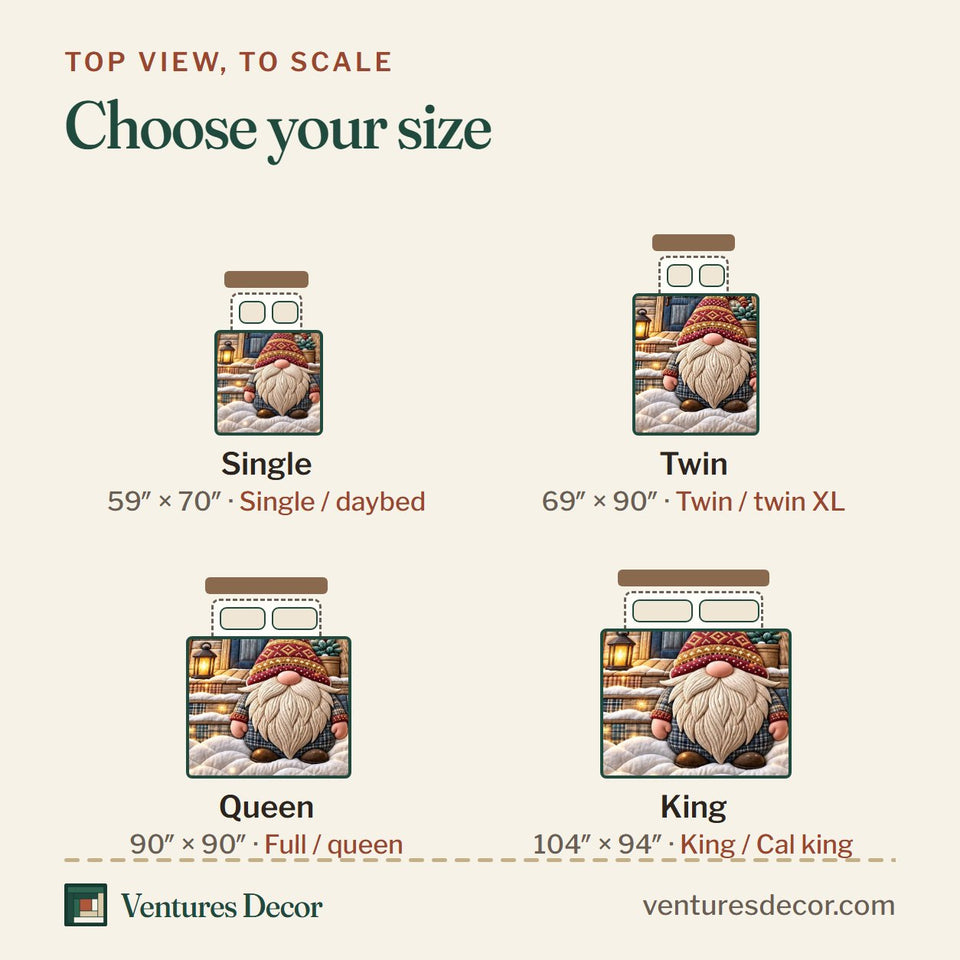 Size guide for the Rustic Winter Gnome Quilt Set, 3-Piece Quilted Bedding with 2 Pillow Shams quilt, top view to scale: Single 59 x 70 in, Twin 69 x 90 in, Queen 90 x 90 in, King 104 x 94 in