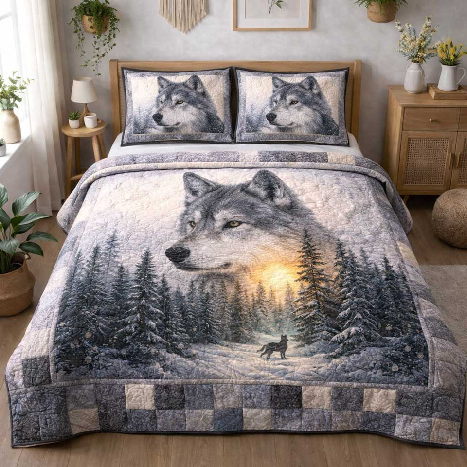 Rustic Wolf quilted bedding set, quilt and two pillow shams on a made bed