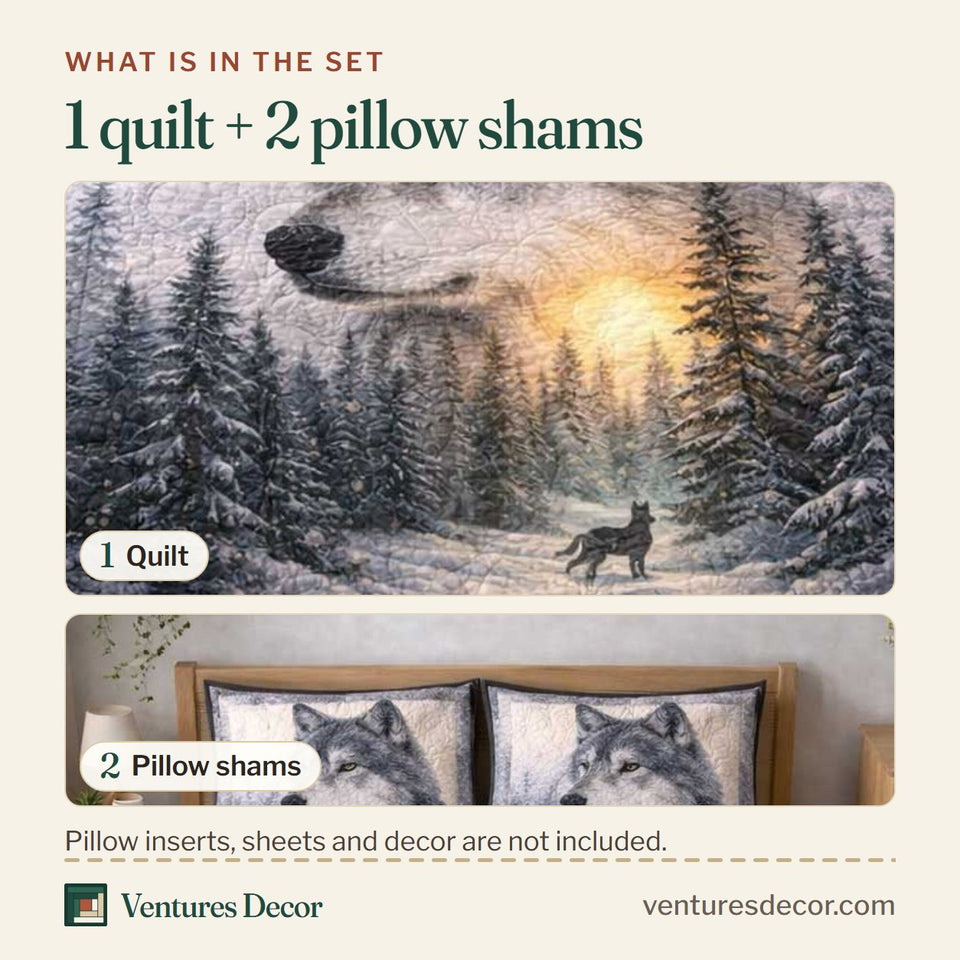 What is in the set: one quilt and two pillow shams, shown in the Rustic Wolf design