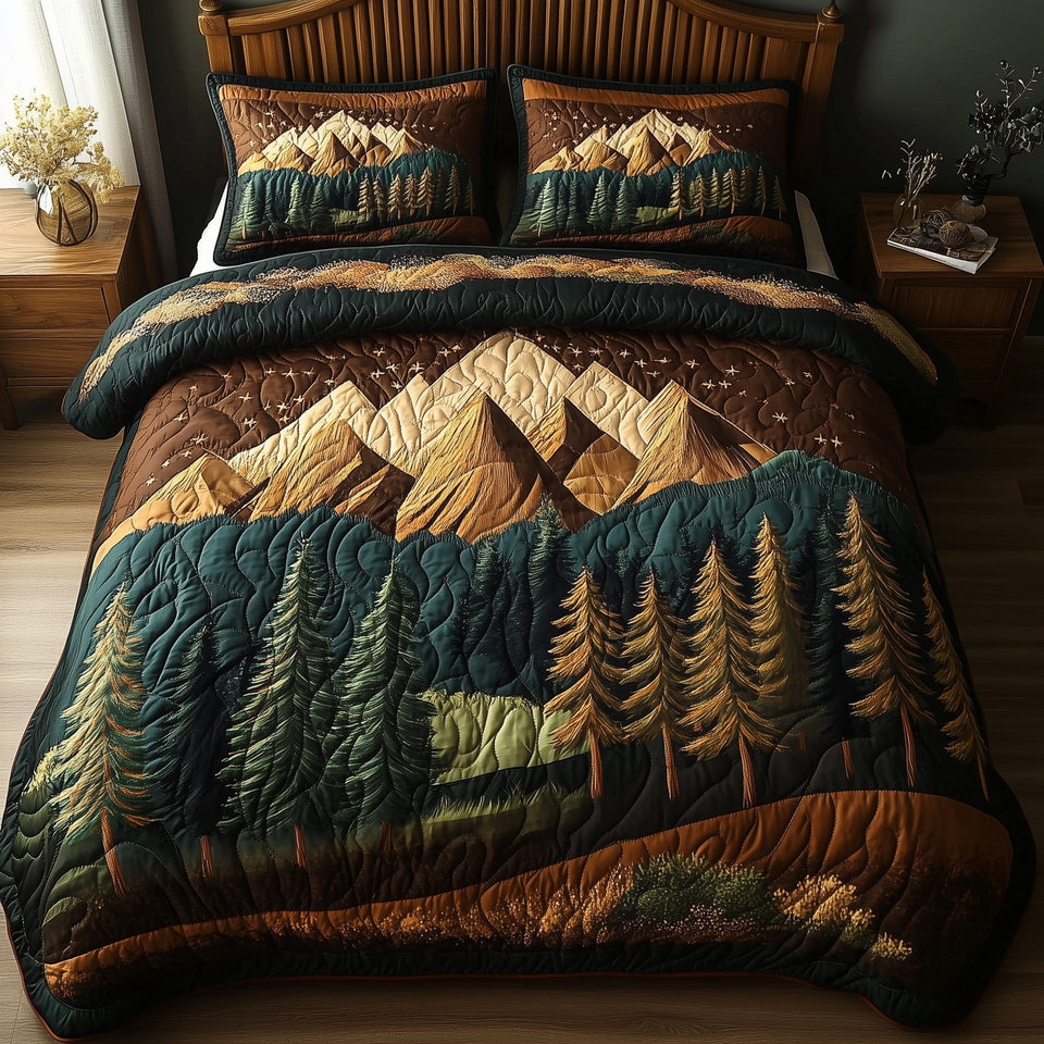 Rustic Woodland Brown Border Mountain View quilted bedding set, quilt and two pillow shams on a made bed