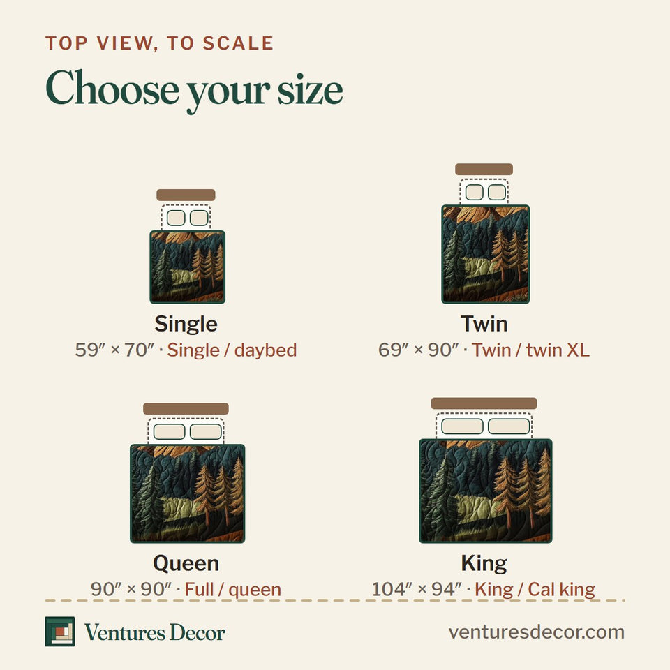 Size guide for the Rustic Woodland Brown Border Mountain View quilt, top view to scale: Single 59 x 70 in, Twin 69 x 90 in, Queen 90 x 90 in, King 104 x 94 in