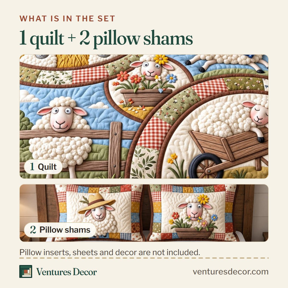 What is in the set: one quilt and two pillow shams, shown in the Rustic Wool Patches design
