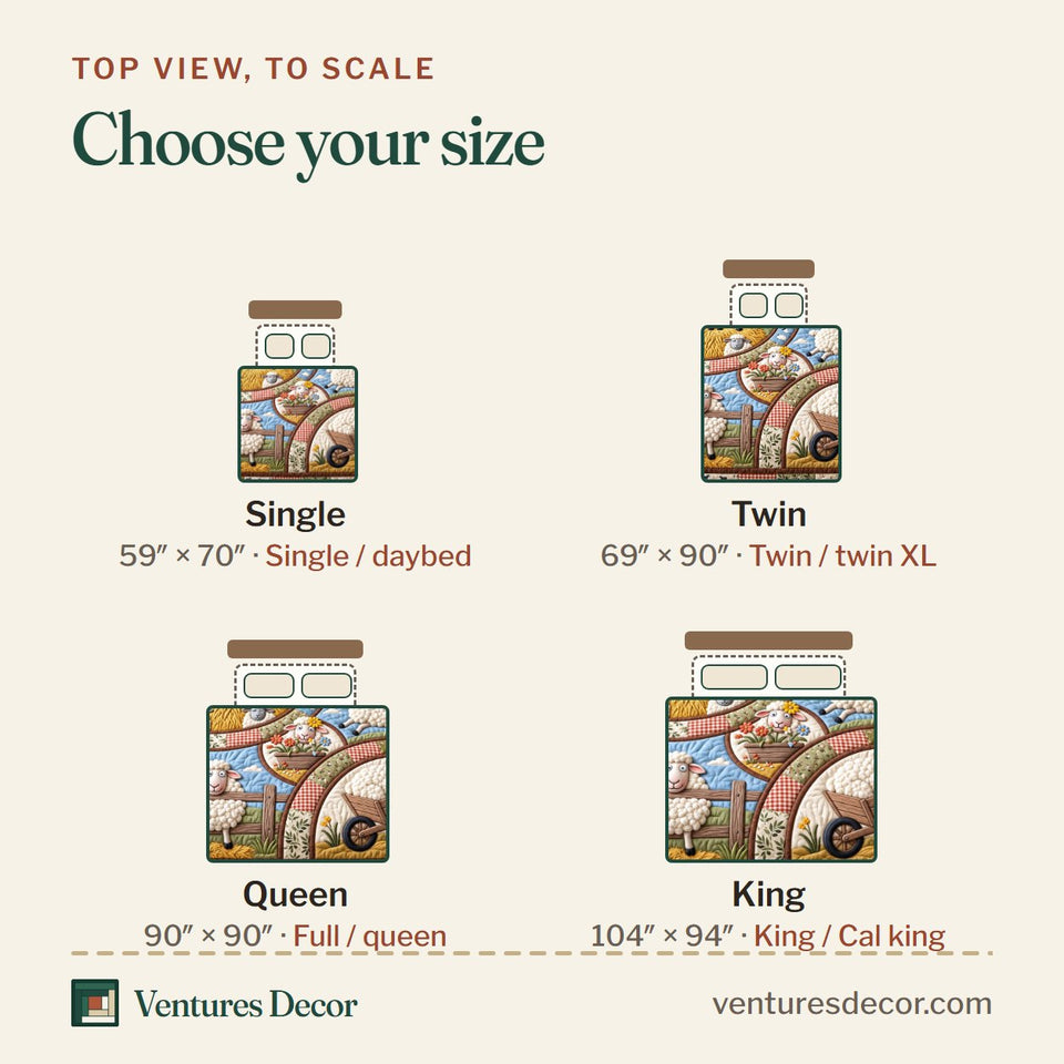 Size guide for the Rustic Wool Patches quilt, top view to scale: Single 59 x 70 in, Twin 69 x 90 in, Queen 90 x 90 in, King 104 x 94 in
