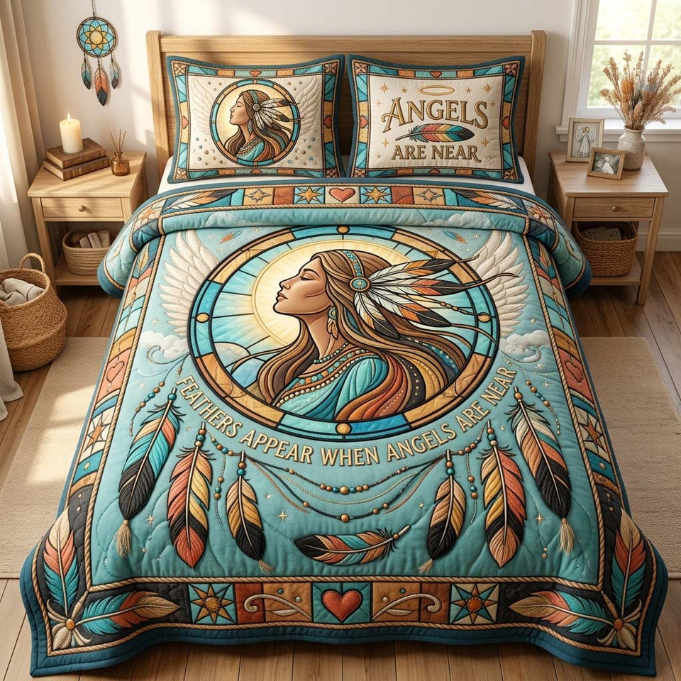 Sacred Angel Portrait quilted bedding set, quilt and two pillow shams on a made bed