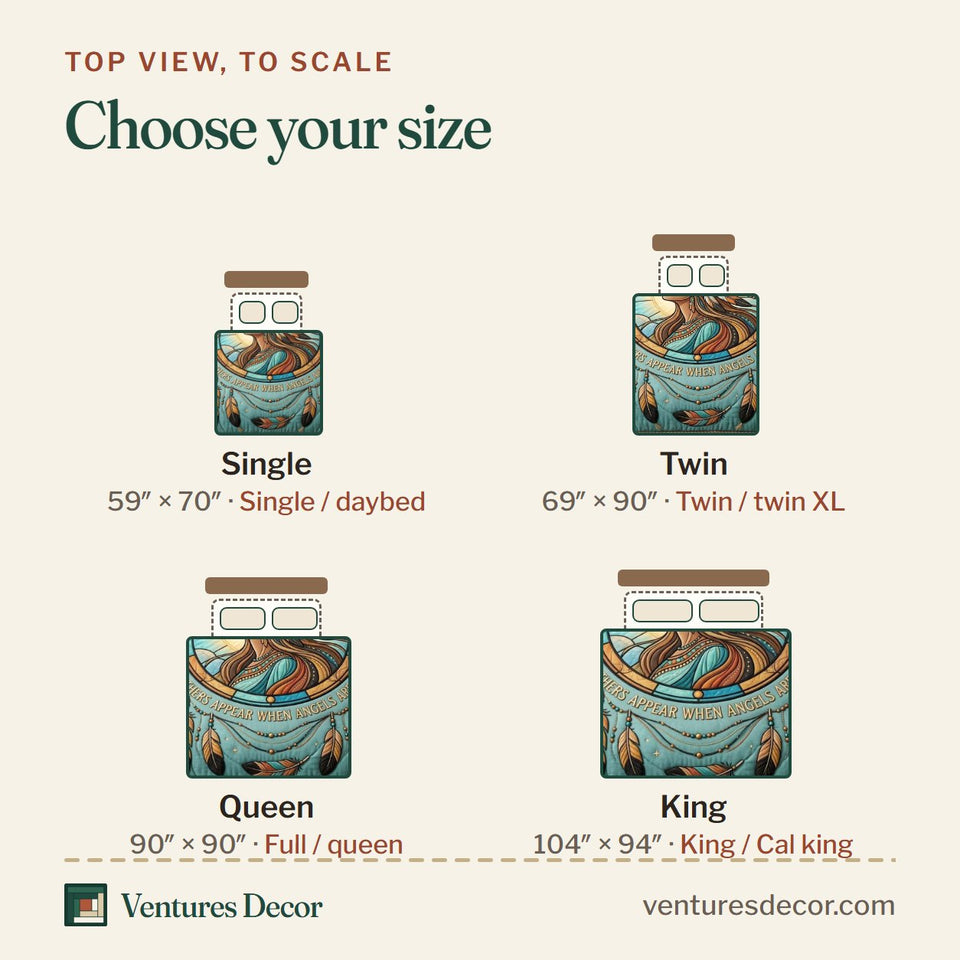 Size guide for the Sacred Angel Portrait quilt, top view to scale: Single 59 x 70 in, Twin 69 x 90 in, Queen 90 x 90 in, King 104 x 94 in
